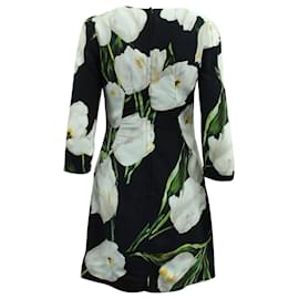 Dolce & Gabbana-Vestido recto con estampado de tulipanes en viscosa negra de Dolce & Gabbana-Negro