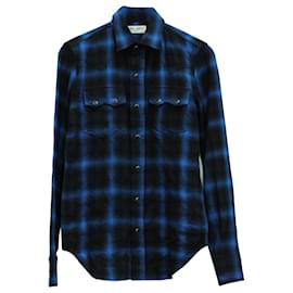 Saint Laurent-Saint Laurent Check-Print Long-Sleeve Shirt in Blue Cotton-Blue,Navy blue