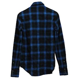 Saint Laurent-Saint Laurent Check-Print Long-Sleeve Shirt in Blue Cotton-Blue,Navy blue