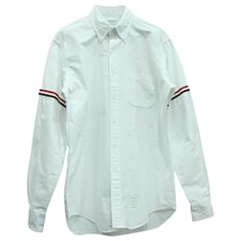 Thom Browne-Thom Browne Button-Down Collar Striped Grosgrain-Trimmed Oxford Shirt in White Cotton-White