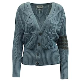 Thom Browne-Thom Browne 4 Bar Cable Knit Cardigan in Blue Wool -Blue