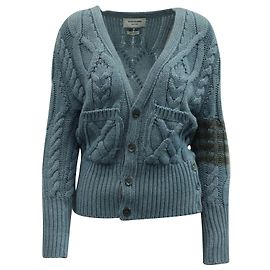 Thom Browne 4 Bar Zopfstrick-Cardigan aus blauer Wolle Blau