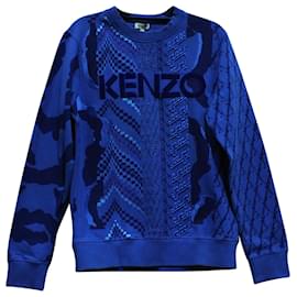Kenzo-Kenzo Logo besticktes Jacquard-Sweatshirt aus blauer Baumwolle-Blau