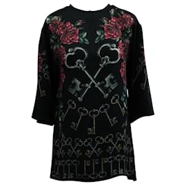 Dolce & Gabbana-Dolce & Gabbana Mini Dress with Keys & Floral Print in Black Viscose-Black