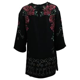 Dolce & Gabbana-Dolce & Gabbana Mini Dress with Keys & Floral Print in Black Viscose-Black