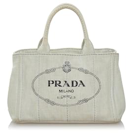 Prada-Prada Gray Canapa Logo Denim Satchel-Grey