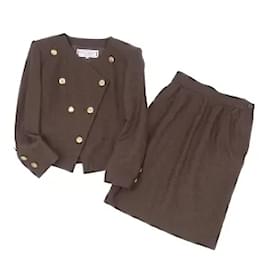 Yves Saint Laurent-*Vintage Yves Saint Laurent Suit Wool Furano Setup No Color Jacket Skirt Gold Button Brown Size 9 (M Equivalent)-Brown