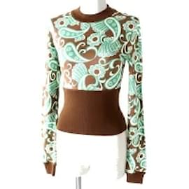 Céline-*CELINE Celine Phoebe period Ladies cropped length Long sleeve knit pullover / tops Green x brown x white Total pattern XS-Brown,White,Green