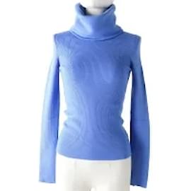 Céline-*CELINE Celine Volume Neck Turtleneck Long Sleeve Cashmere 95% Rib Knit Tops / Sweater Light Blue Blue S Made in Italy Ladies-Light blue