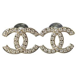 Chanel-CC B19S Logo Crystal GHW Coco Mark Brincos Caixa Recibo-Dourado
