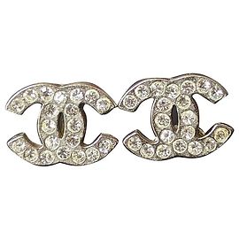 Chanel CC A13V Classic Crystal Silver Hardware Logo Earrings box tag Silvery