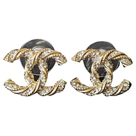 Chanel-CC 13P Twisted crystal logo earrings gold colour hardware box-Golden