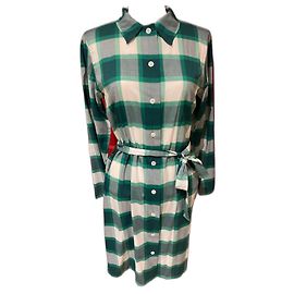 Vestido Agnès b. Abotoado Verde e Branco Algodão Viscose Multicor