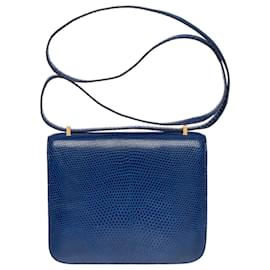 Hermès-Exceptional & Rare Hermès Mini Constance shoulder bag 18 in sapphire blue Varanus Niloticus lizard, gold plated metal trim-Blue