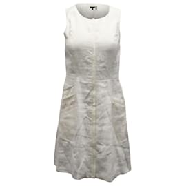 Theory-Theory Pleated Side Pockets Sleeveless Mini Dress in White Linen -White
