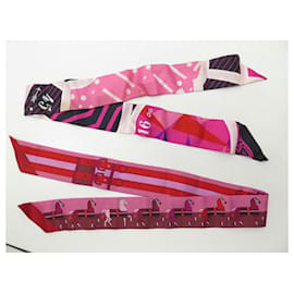 Hermès-LOT 2 HERMES TWILLY ROCABAR SCARVES PINK SILK SET + BOX SILK SCARF-Pink