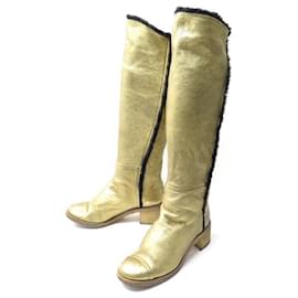 Chanel-CHANEL FUR-LINED BOOTS SHOES 39 IN GOLDEN LEATHER GOLDEN FUR LEATHER BOOTS-Golden