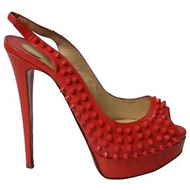 Christian Louboutin Lady Peep Spiked Platform Heels in Red Patent Leather Red