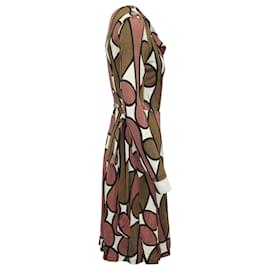 Diane Von Furstenberg-Diane Von Furstenberg Two Tone Print Wrap Midi Dress in Brown/Pink Silk-Other