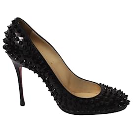Christian Louboutin-Christian Louboutin Fifi Spiked Round Toe Pumps in Black Leather-Black