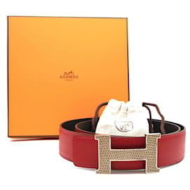 Hermès-Hermes 42mm Red Black Lizard Inlay H Reversible Belt Size 100-Red
