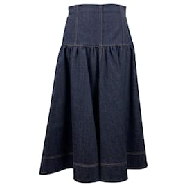 Fendi-Blue Denim A-Line Midi Skirt with Embroidered Palm Size 38 IT-Blue