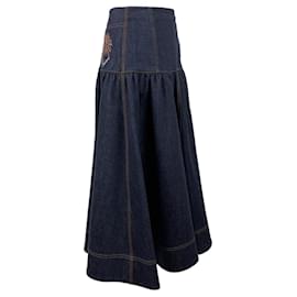 Fendi-Blue Denim A-Line Midi Skirt with Embroidered Palm Size 38 IT-Blue