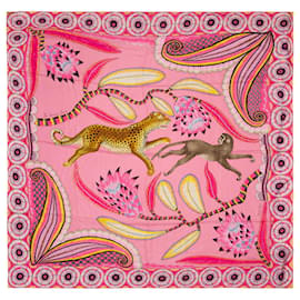 Hermès-Elegant Hermès Shawl “The Savana Dance”, pink and yellow colors-Pink