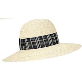 Hermès-Hermès: Chapeau / Panama Modèle Anouk motif "Tartan" Noir & Blanc T 58-Beige