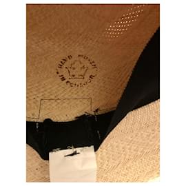 Hermès-Hermès: Chapeau / Panama Modèle Anouk motif "Tartan" Noir & Blanc T 58-Beige