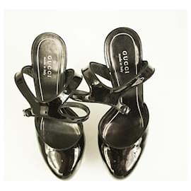 Gucci-GUCCI Black Patent Leather Ankle Strap Mary Jane Pumps High Heels Shoes 36.5-Black