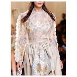 Fendi-Fendi SS17 Rocco Print Scalloped Silk Voile Blouse-Golden,Cream,Light blue
