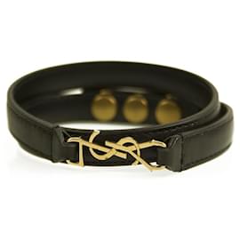 Yves Saint Laurent-Yves Saint Laurent OPYUM lined WRAP BRACELET Black LEATHER Gold Tone Logo METAL-Black