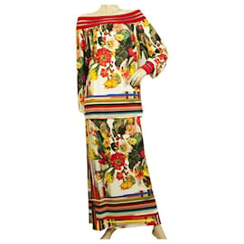 Fuzzi-Fuzzi Multicolor Cactus Flowers Off Shoulder Top Long Maxi Skirt Set size S-Multiple colors