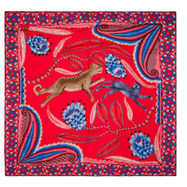 Hermès-Elegant Hermès Shawl “The Savana Dance”, red and blue colors-Red