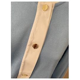 Nina Ricci-Superbe veste maille cintrée 80s Nina Ricci 38 maille et coton bleu ciel, blanc, doré-Bleu clair