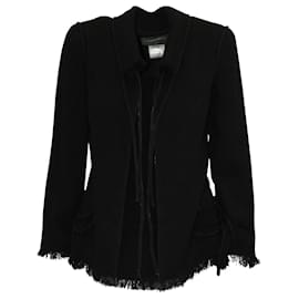 Chanel-Chanel Short Tie Neckline Fringe Cardigan Jacket in Black Wool-Black