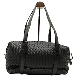 Bottega Veneta-Bottega Veneta Boston Intrecciato Shoulder Bag in Black Leather -Black