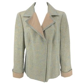 Akris summer jacket in aqua & beige linen woven with blue thread Other