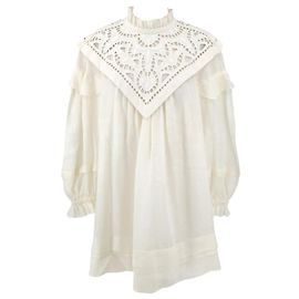 Mini vestido Isabel Marant em linho creme e bordado inglês Branco Cru