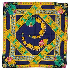 Foulard Cartier Must con stampa elefanti su seta blu e verde Blu