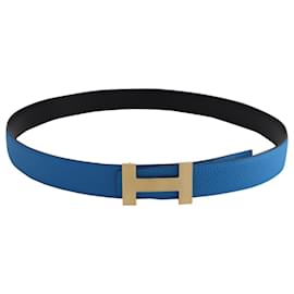 Hermès-Hermes H Buckle Reversible Belt in Blue/Black Leather-Blue