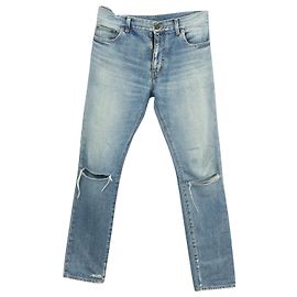 Saint Laurent Slit Knee Slim Fit Jeans In Light Blue Cotton Blue