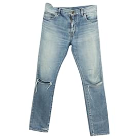Saint Laurent-Saint Laurent Slit Knee Slim Fit Jeans In Light Blue Cotton-Blue