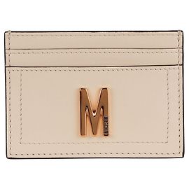 Moschino Tarjetero de piel con placa M Beige