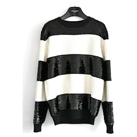 Saint Laurent-Saint Laurent Men Striped Sequin Sweater Jumper-Black,White