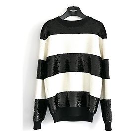 Saint Laurent Herren Pullover mit gestreiften Pailletten Schwarz Weiß
