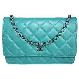 Chanel Teal Blue Wallet on Chain with Silver "CC" Blue