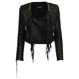 Balmain-Balmain Fringed Biker Jacket in Black Leather-Black