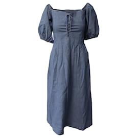 Roseanna-Sea New York Puffy Sleeve Shirred Casual Dress in Light Blue Cotton Denim-Blue,Light blue